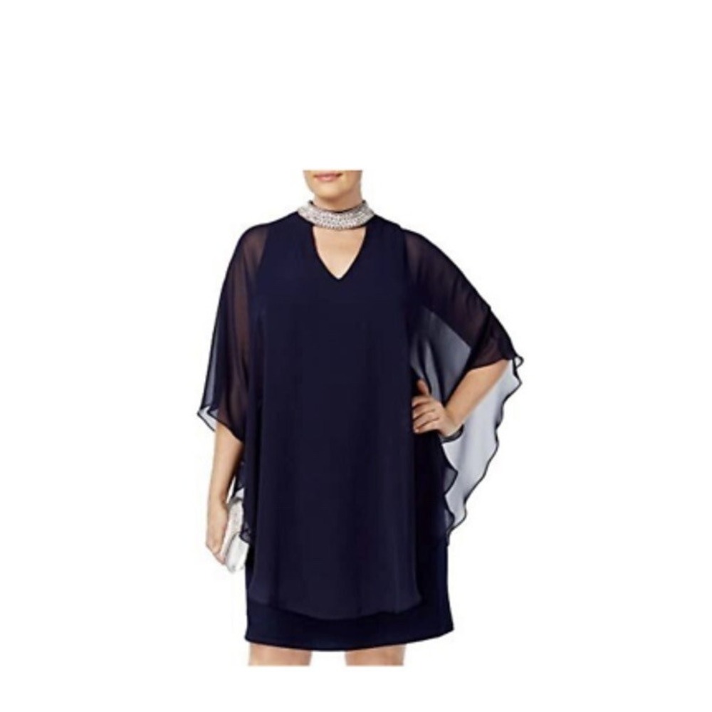 Xscape Chiffon Overlay Bead Choker Neck Shift Dress Sz 4 Navy Blue Cocktail NWT